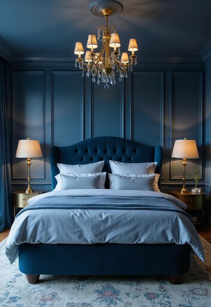 30 Blue Velvet Bedroom Ideas That Exude Luxury and Texture - 13. Blue Velvet Lighting Fixtures