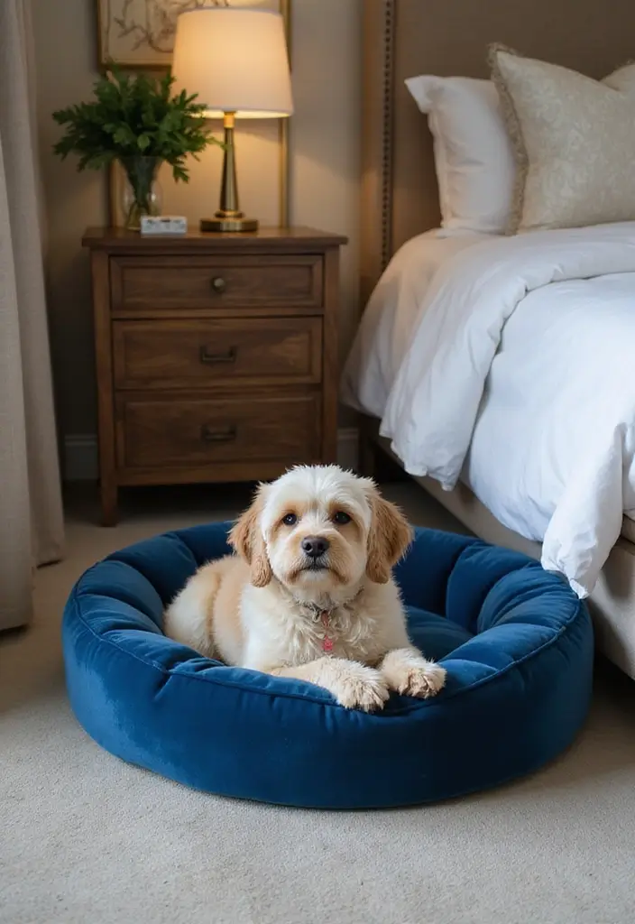 30 Blue Velvet Bedroom Ideas That Exude Luxury and Texture - 16. Blue Velvet Pet Bed