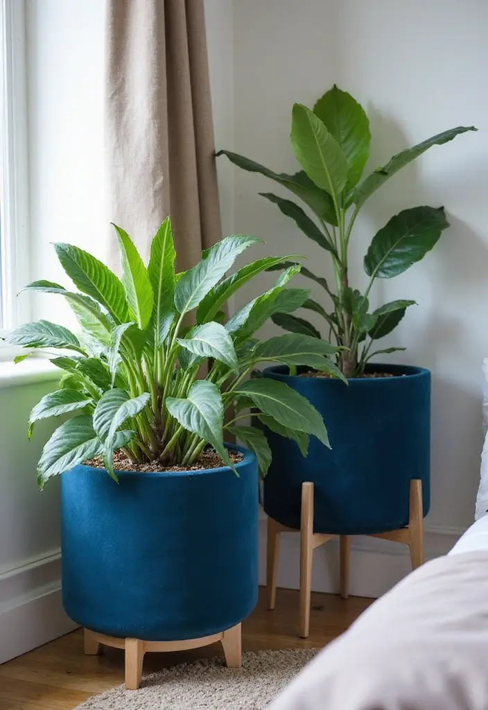 30 Blue Velvet Bedroom Ideas That Exude Luxury and Texture - 28. Blue Velvet House Plants
