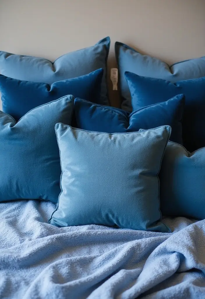 30 Blue Velvet Bedroom Ideas That Exude Luxury and Texture - 3. Velvet Throw Pillows