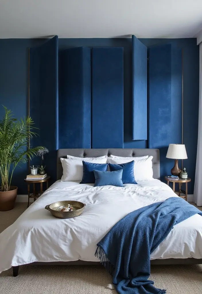 30 Blue Velvet Bedroom Ideas That Exude Luxury and Texture - 30. Blue Velvet Decorative Screens