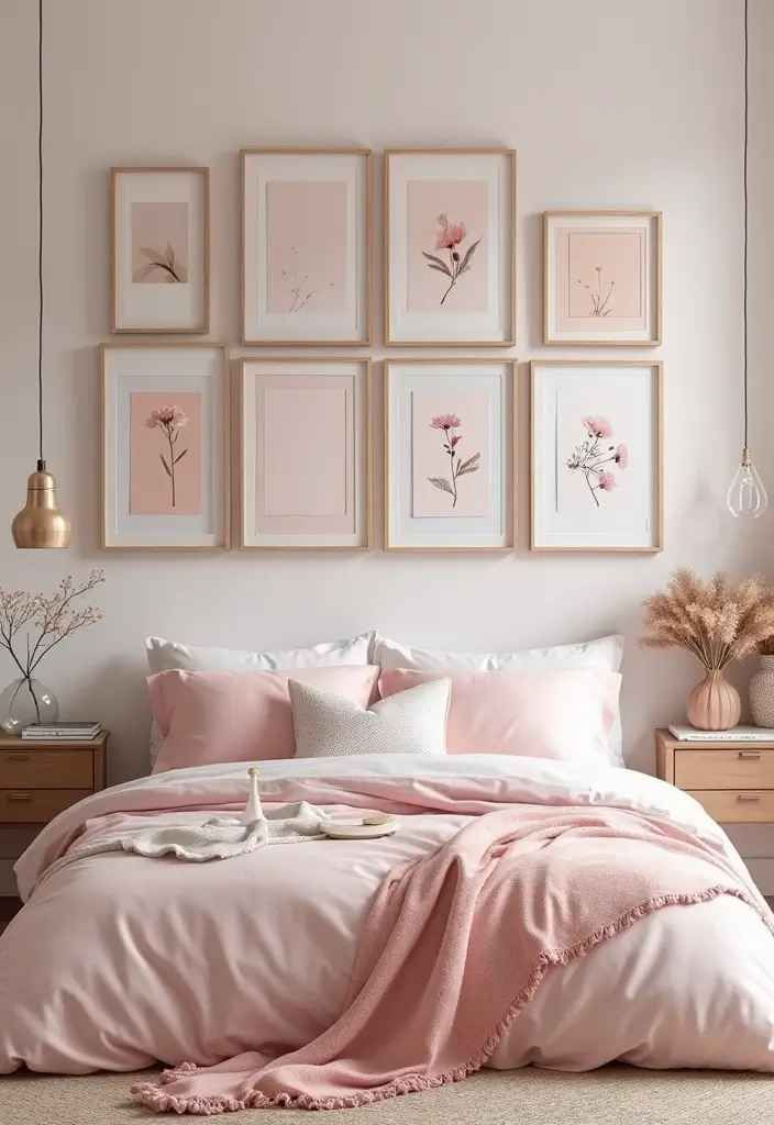 30 Blush Pink Bedroom Ideas That Feel Soft Romantic & Chic - 28. Blush Pink Artwork Display