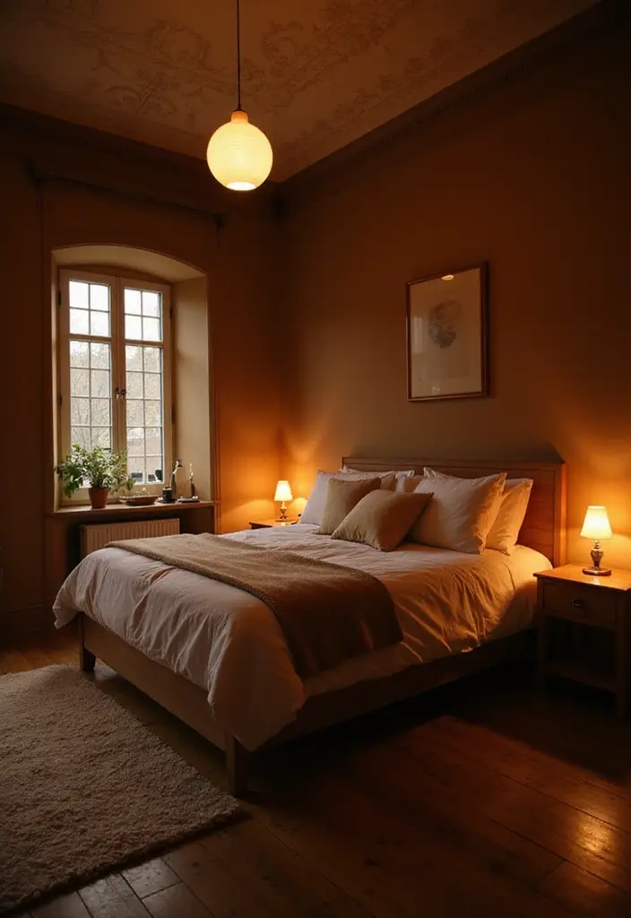 30 Brown Wall Bedroom Ideas That Bring Earthy Elegance - 11. Layered Lighting