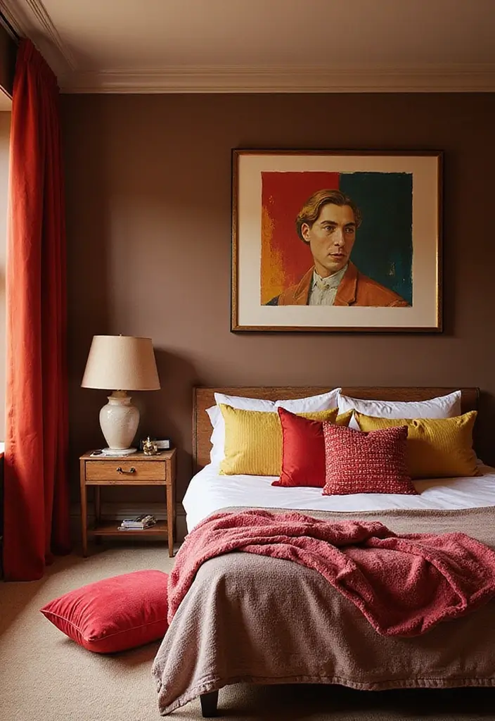 30 Brown Wall Bedroom Ideas That Bring Earthy Elegance - 13. Bold Color Pops
