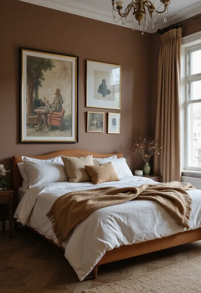 30 Brown Wall Bedroom Ideas That Bring Earthy Elegance - 24. Artistic Touches