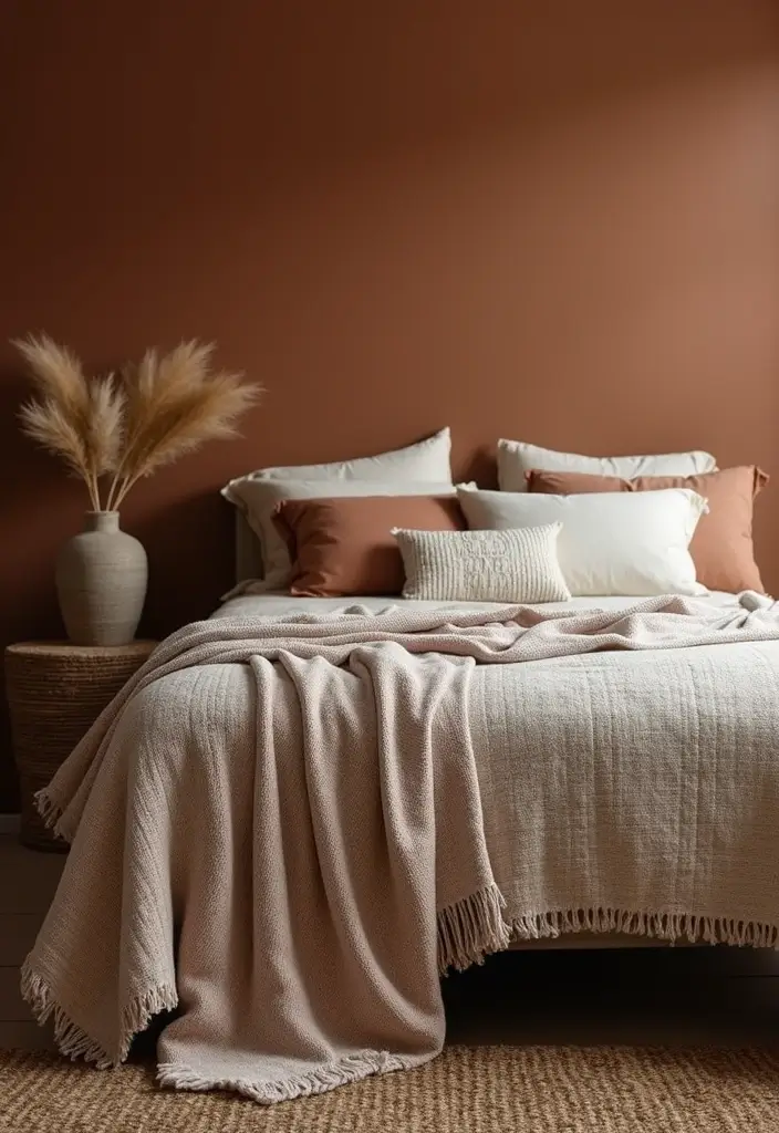 30 Brown Wall Bedroom Ideas That Bring Earthy Elegance - 29. Cozy Throw Blankets