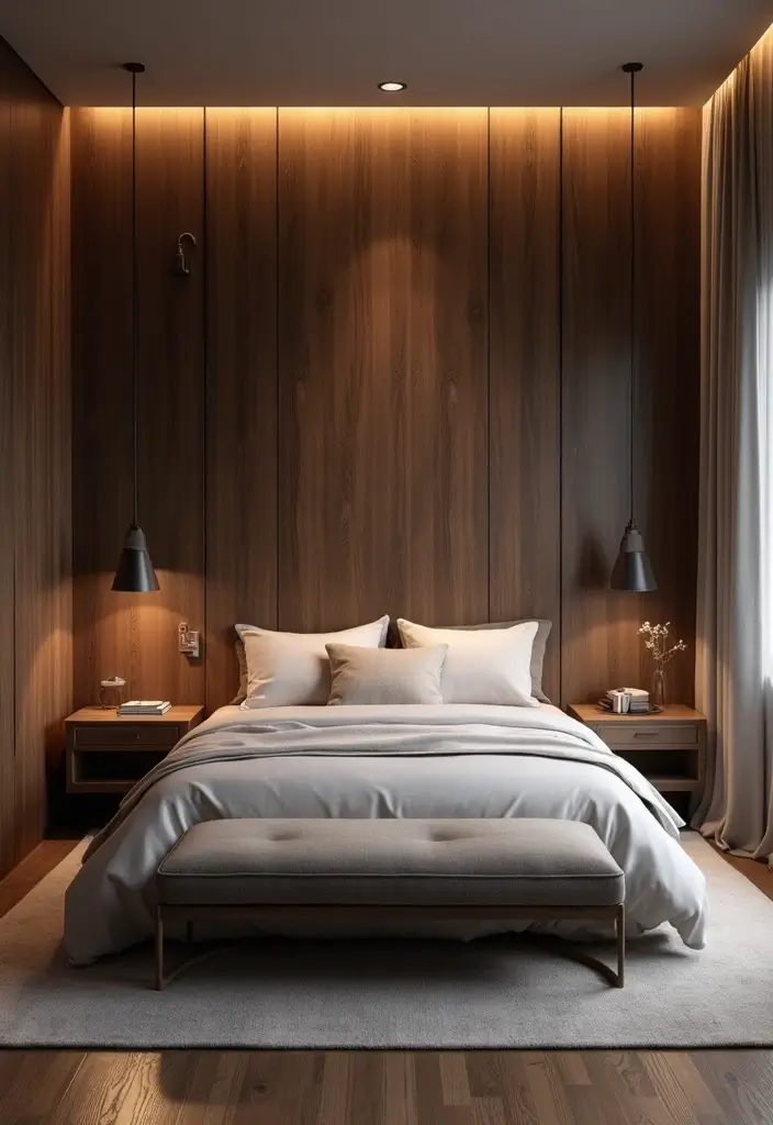 30 Dark Oak Bedroom Ideas That Bring Natural Warmth - 10. Dark Oak Wall Panels for Texture