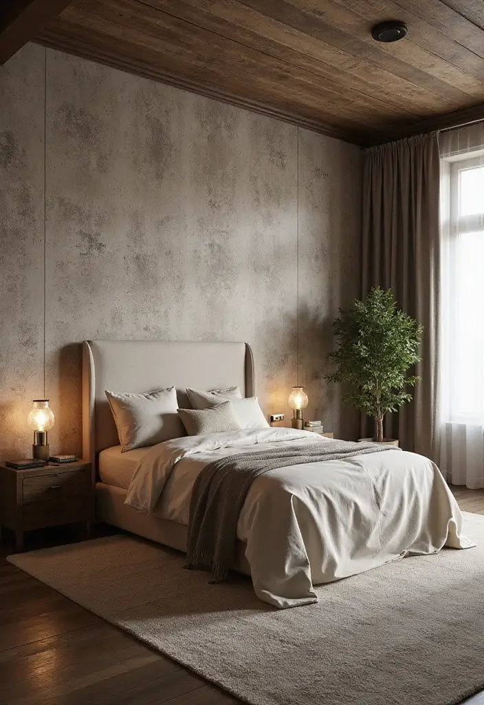 30 Dark Oak Bedroom Ideas That Bring Natural Warmth - 20. Dark Oak & Textured Wallpaper