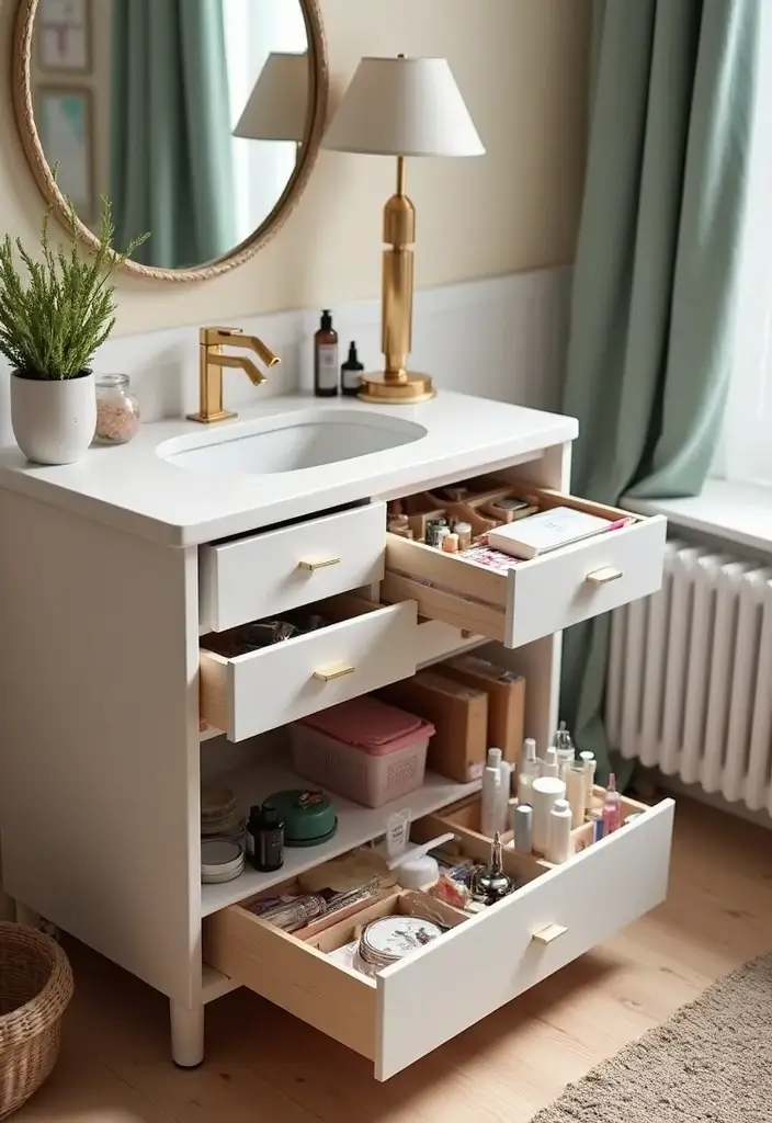 30 Floor Vanity Ideas Bedroom That Feel Functional & Glamorous - 13. Smart Storage Solutions