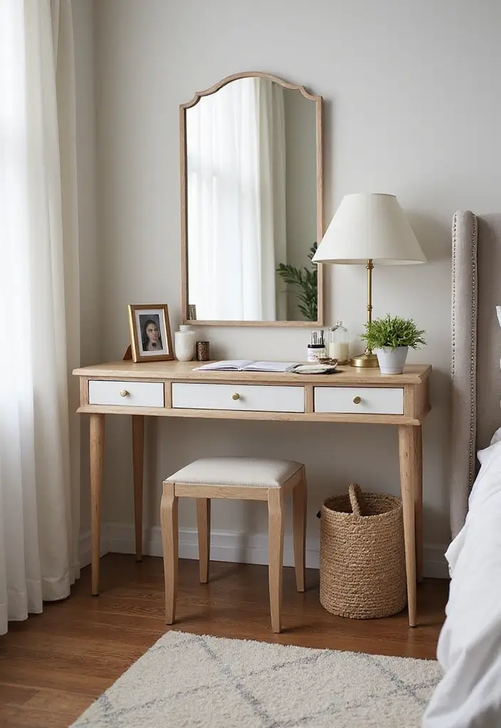 30 Floor Vanity Ideas Bedroom That Feel Functional & Glamorous - 16. Dual-Purpose Vanities