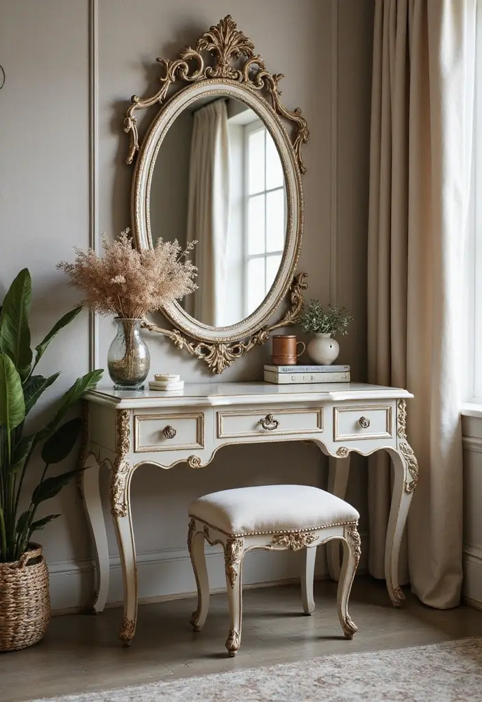 30 Floor Vanity Ideas Bedroom That Feel Functional & Glamorous - 18. Vintage Mirrors
