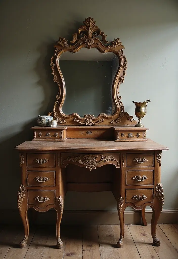 30 Floor Vanity Ideas Bedroom That Feel Functional & Glamorous - 2. Vintage Vibes