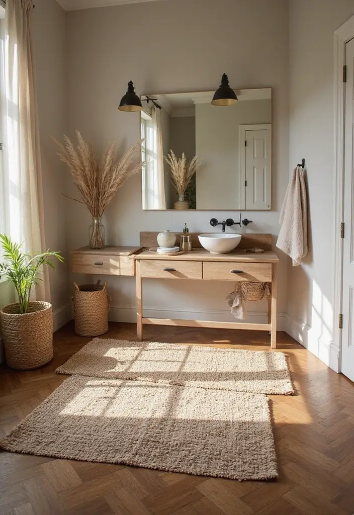 30 Floor Vanity Ideas Bedroom That Feel Functional & Glamorous - 21. Layered Rugs