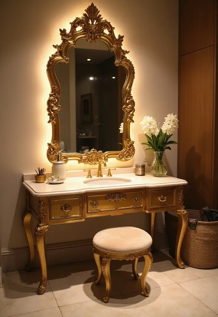 30 Floor Vanity Ideas Bedroom That Feel Functional & Glamorous - 3. Glamorous Gold Accents