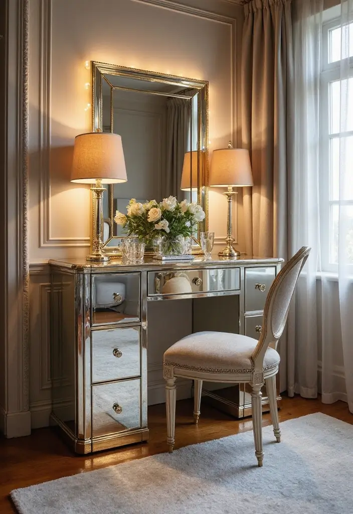 30 Floor Vanity Ideas Bedroom That Feel Functional & Glamorous - 7. Mirrored Glamour