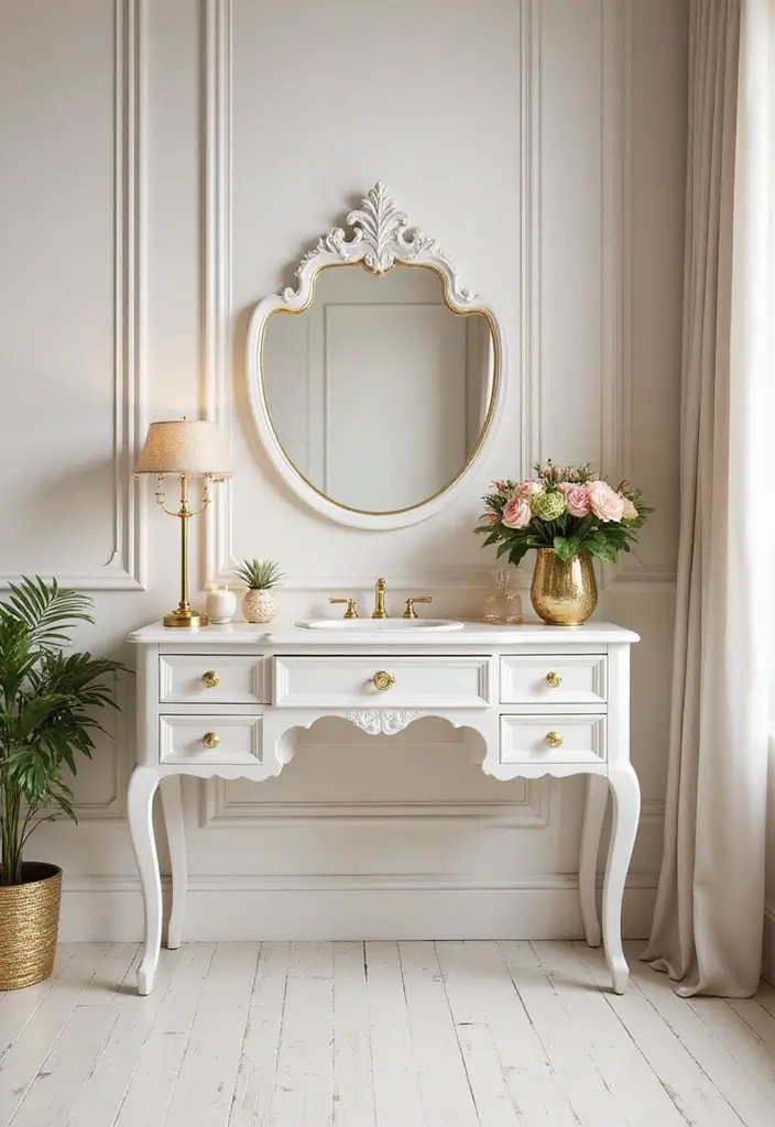 30 Floor Vanity Ideas Bedroom That Feel Functional & Glamorous - 9. Elegant White and Gold