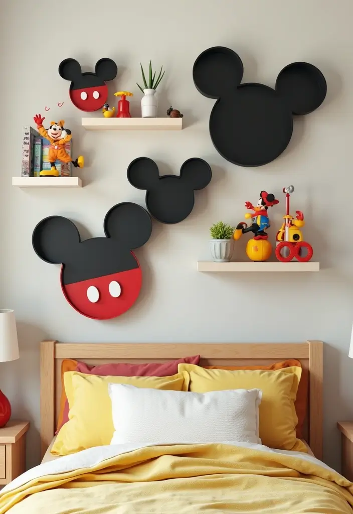 30 Mickey Mouse Bedroom Ideas That Bring Disney Magic Home - 16. Mickey Mouse Themed Wall Shelves