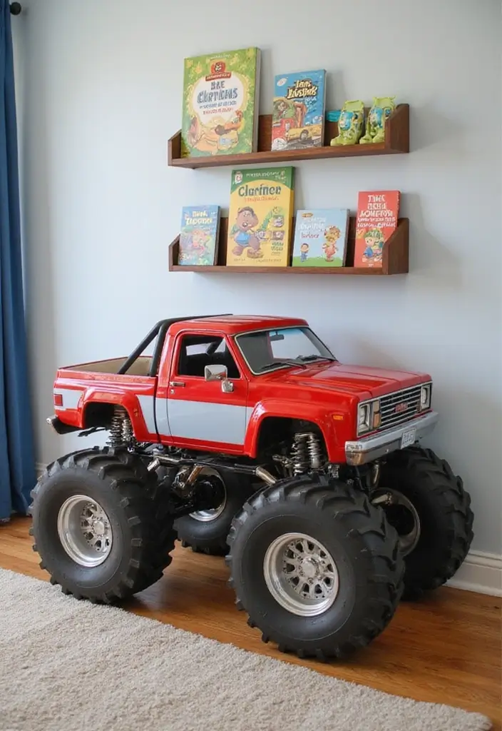 30 Monster Truck Bedroom Ideas That Kids Will Go Crazy For - 16. Personalized Monster Truck Bookshelves