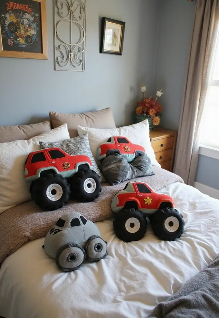 30 Monster Truck Bedroom Ideas That Kids Will Go Crazy For - 17. Whimsical Monster Truck Pillows