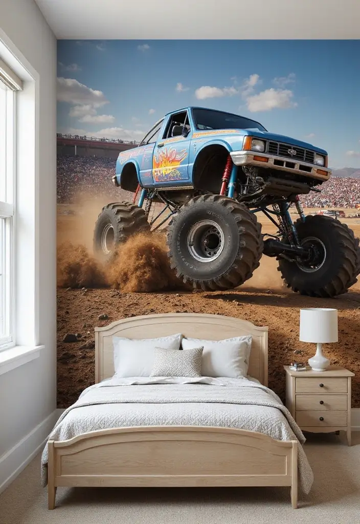30 Monster Truck Bedroom Ideas That Kids Will Go Crazy For - 2. Dynamic Wall Murals