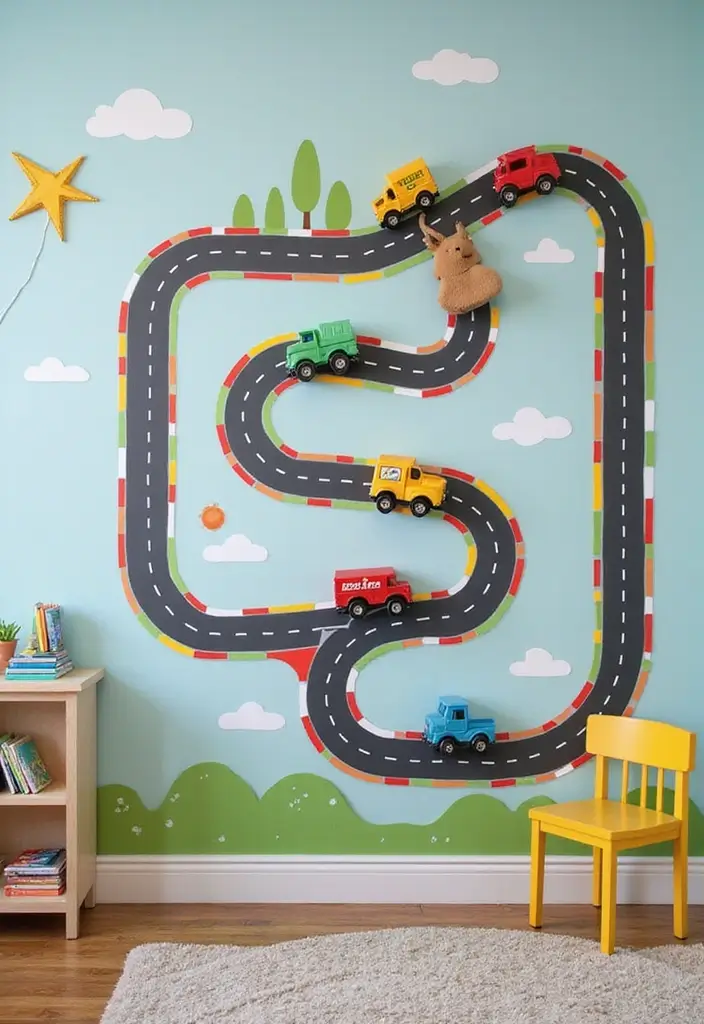 30 Monster Truck Bedroom Ideas That Kids Will Go Crazy For - 21. Interactive Race Track Wall Art