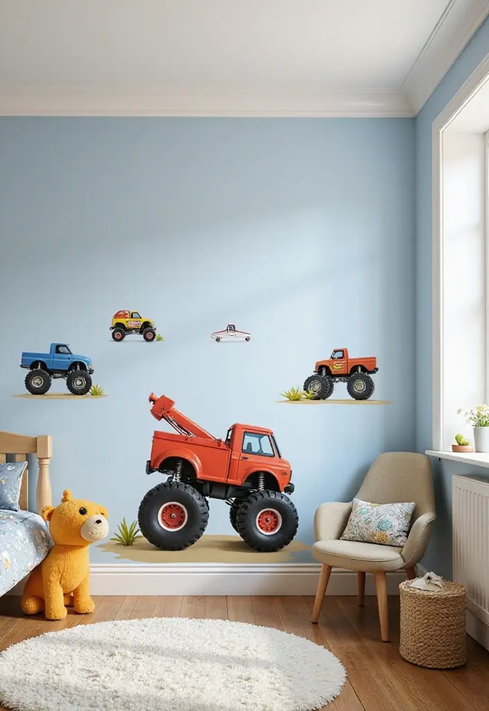30 Monster Truck Bedroom Ideas That Kids Will Go Crazy For - 7. Monster Truck-Themed Wall Decals