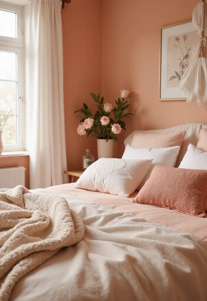 30 Peach Color Bedroom Ideas That Feel Fresh and Modern - 10. Soft Textiles for Comfort