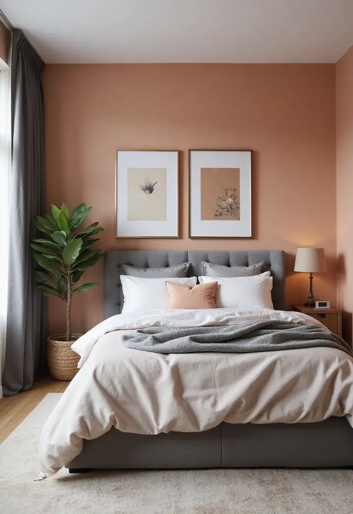 30 Peach Color Bedroom Ideas That Feel Fresh and Modern - 11. Peach and Gray for a Modern Twist