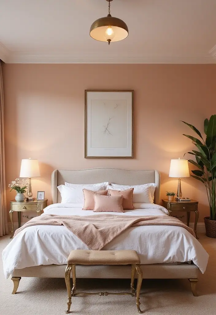 30 Peach Color Bedroom Ideas That Feel Fresh and Modern - 17. Incorporate Metallic Accents