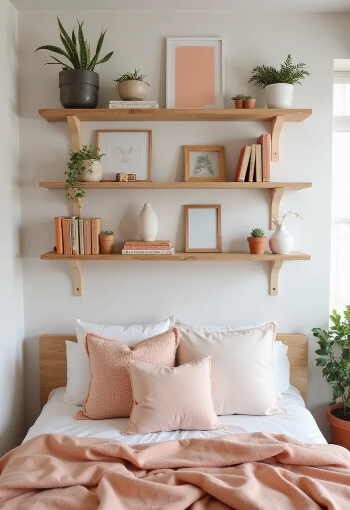30 Peach Color Bedroom Ideas That Feel Fresh and Modern - 18. Functional Wall Shelves
