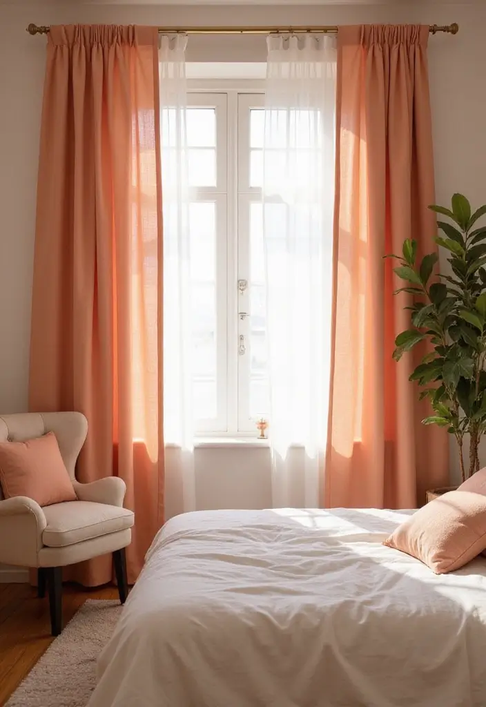 30 Peach Color Bedroom Ideas That Feel Fresh and Modern - 19. Stylish Peach Curtains