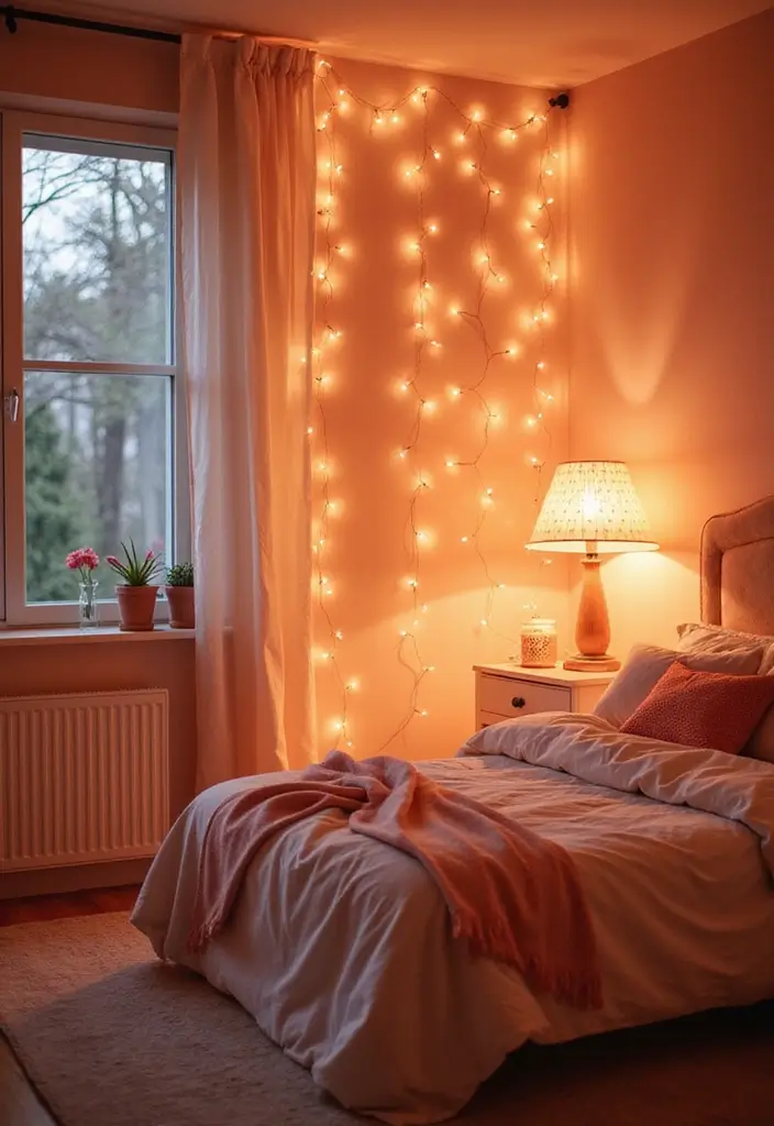 30 Peach Color Bedroom Ideas That Feel Fresh and Modern - 30. Whimsical Peach Lighting
