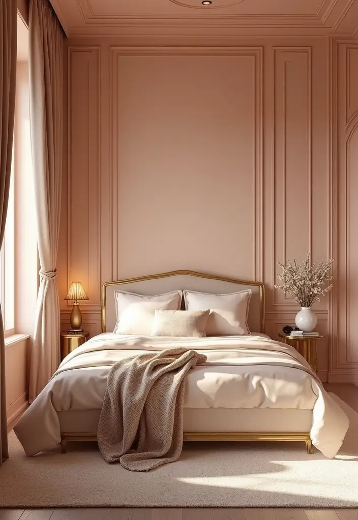 30 Peach Color Bedroom Ideas That Feel Fresh and Modern - 5. Peach and Gold for a Glamorous Touch