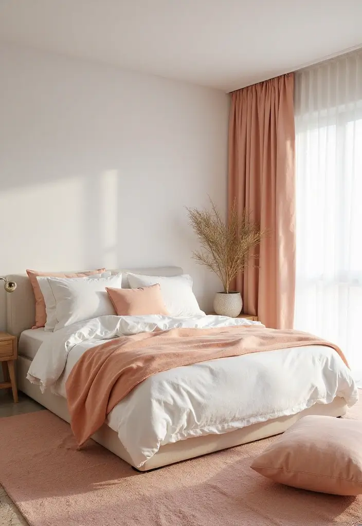 30 Peach Color Bedroom Ideas That Feel Fresh and Modern - 7. Modern Minimalism with Peach Accents