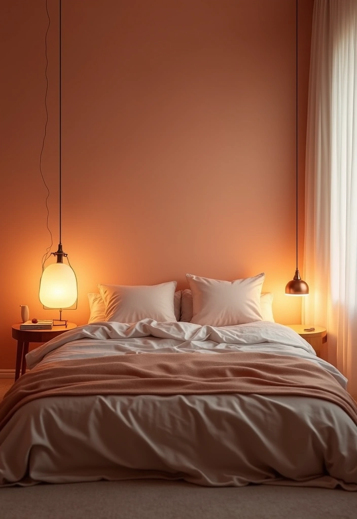 30 Peach Color Bedroom Ideas That Feel Fresh and Modern - 9. Creative Lighting to Enhance Peach Shades