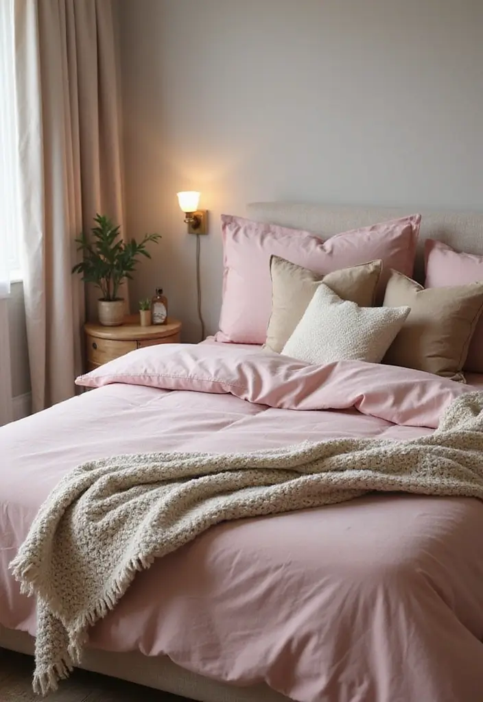 30 Pink Comforter Bedroom Ideas That Add Cozy Color - 16. Cozy Layered Neutrals