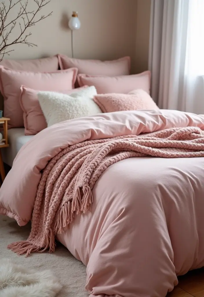 30 Pink Comforter Bedroom Ideas That Add Cozy Color - 19. Layered Textures