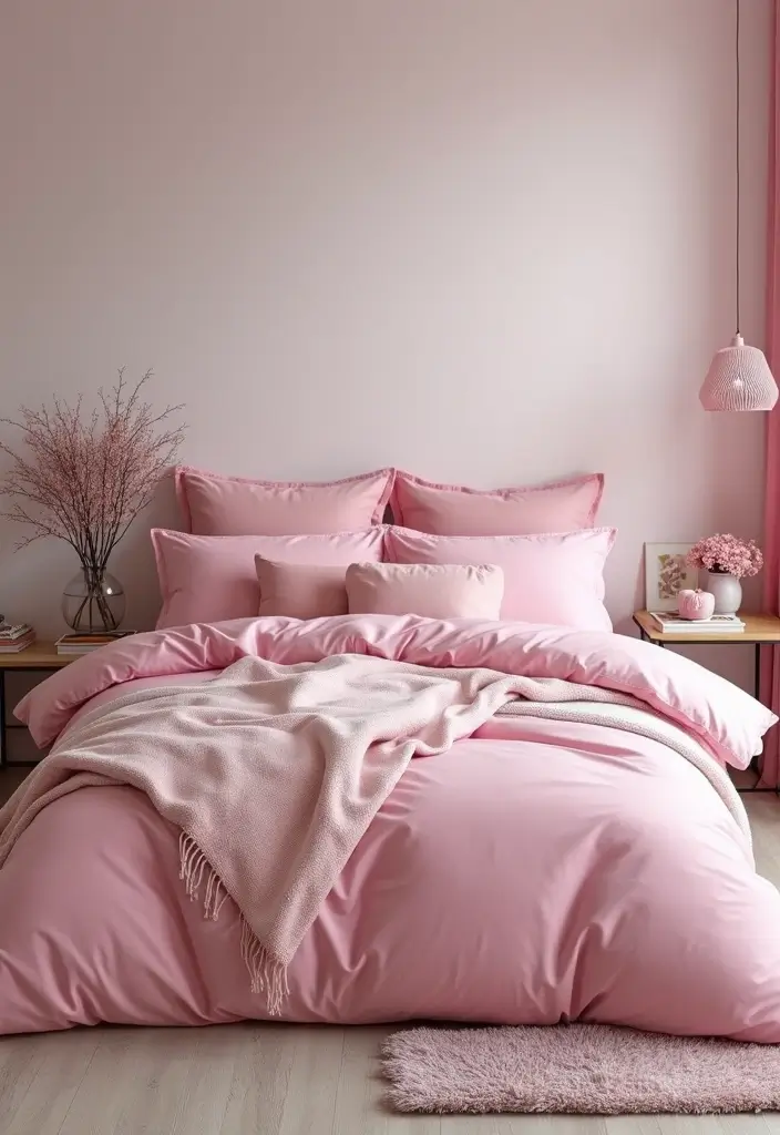 30 Pink Comforter Bedroom Ideas That Add Cozy Color - 23. Layered Monochrome