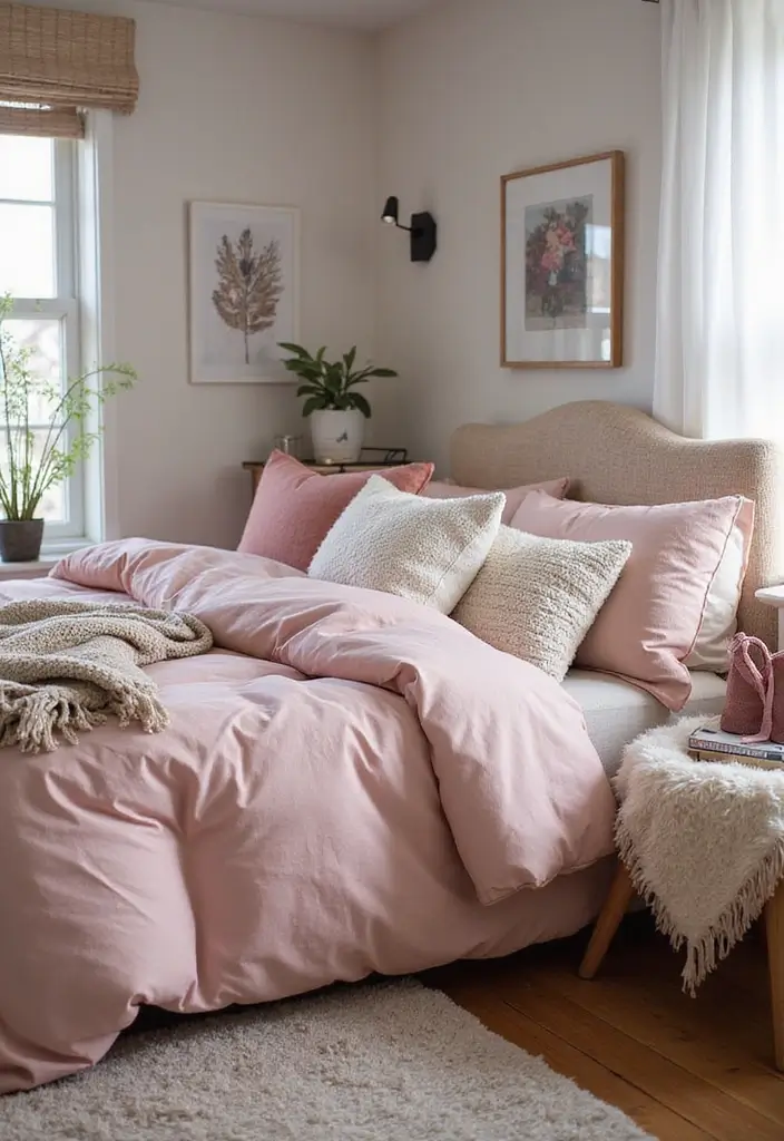 30 Pink Comforter Bedroom Ideas That Add Cozy Color - 28. Textured Layers