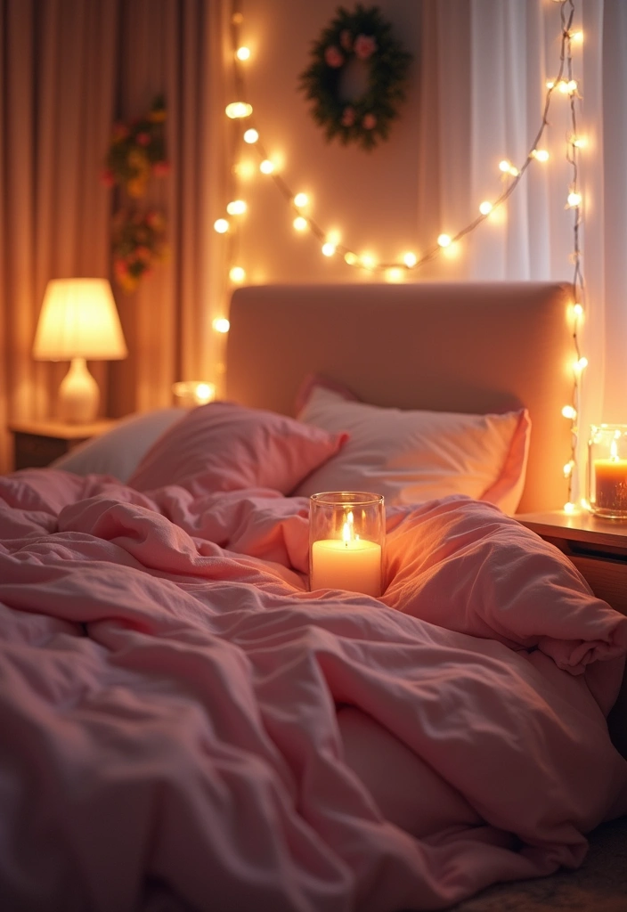 30 Pink Comforter Bedroom Ideas That Add Cozy Color - 29. Romantic Evening Glow
