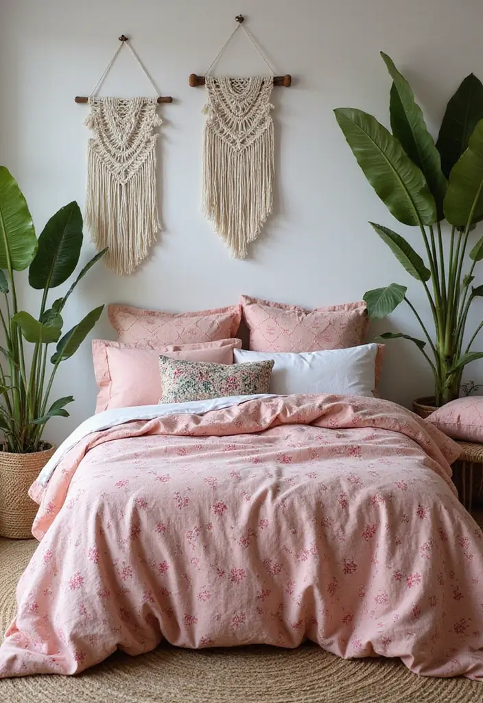 30 Pink Comforter Bedroom Ideas That Add Cozy Color - 4. Bohemian Chic Vibes