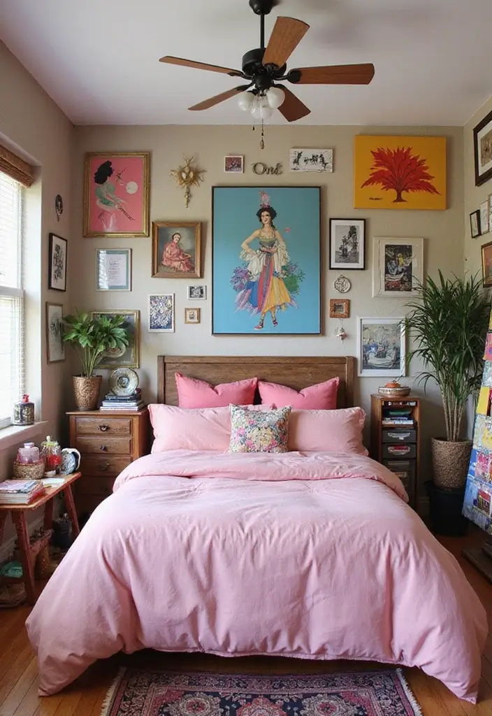 30 Pink Comforter Bedroom Ideas That Add Cozy Color - 9. Artsy Eclectic