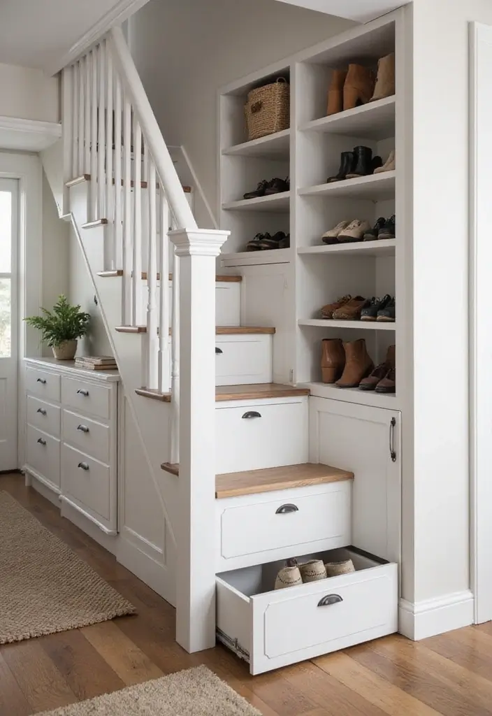 30 Stair Bulkhead Ideas Bedroom That Use Space Creatively - 12. Stylish Shoe Organizer