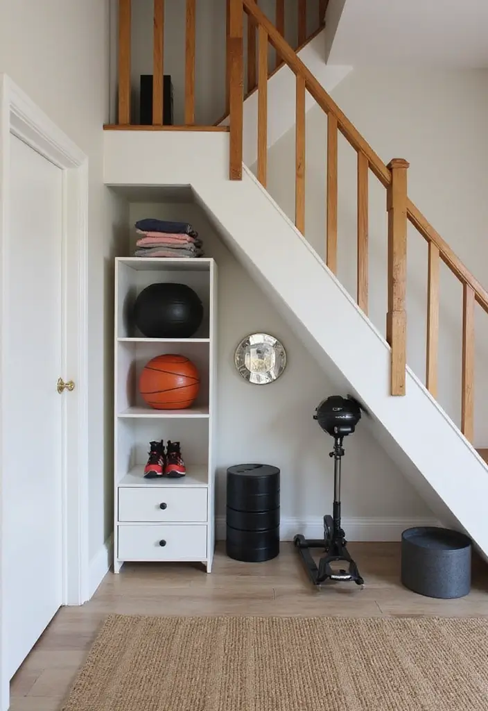 30 Stair Bulkhead Ideas Bedroom That Use Space Creatively - 27. Compact Fitness Corner