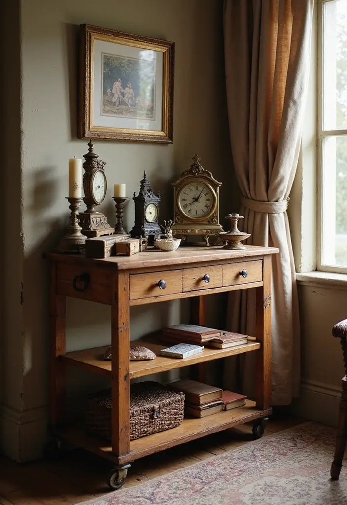 30 Utility Cart Ideas Bedroom That Keep Things Tidy & Mobile - 2. Vintage Wooden Cart