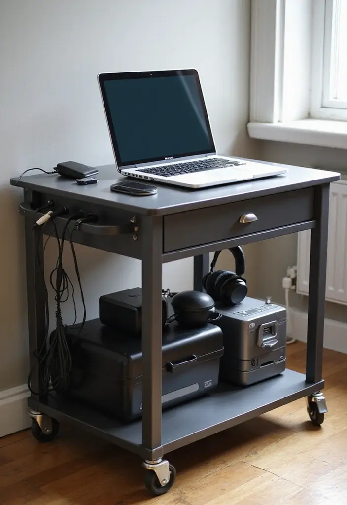 30 Utility Cart Ideas Bedroom That Keep Things Tidy & Mobile - 21. Tech Station