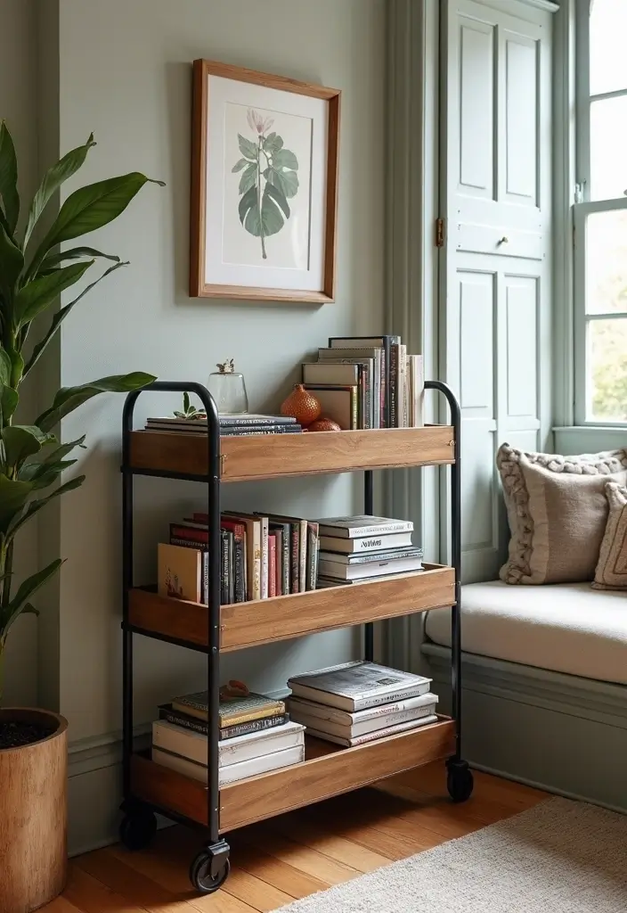 30 Utility Cart Ideas Bedroom That Keep Things Tidy & Mobile - 8. Stylish Book Display