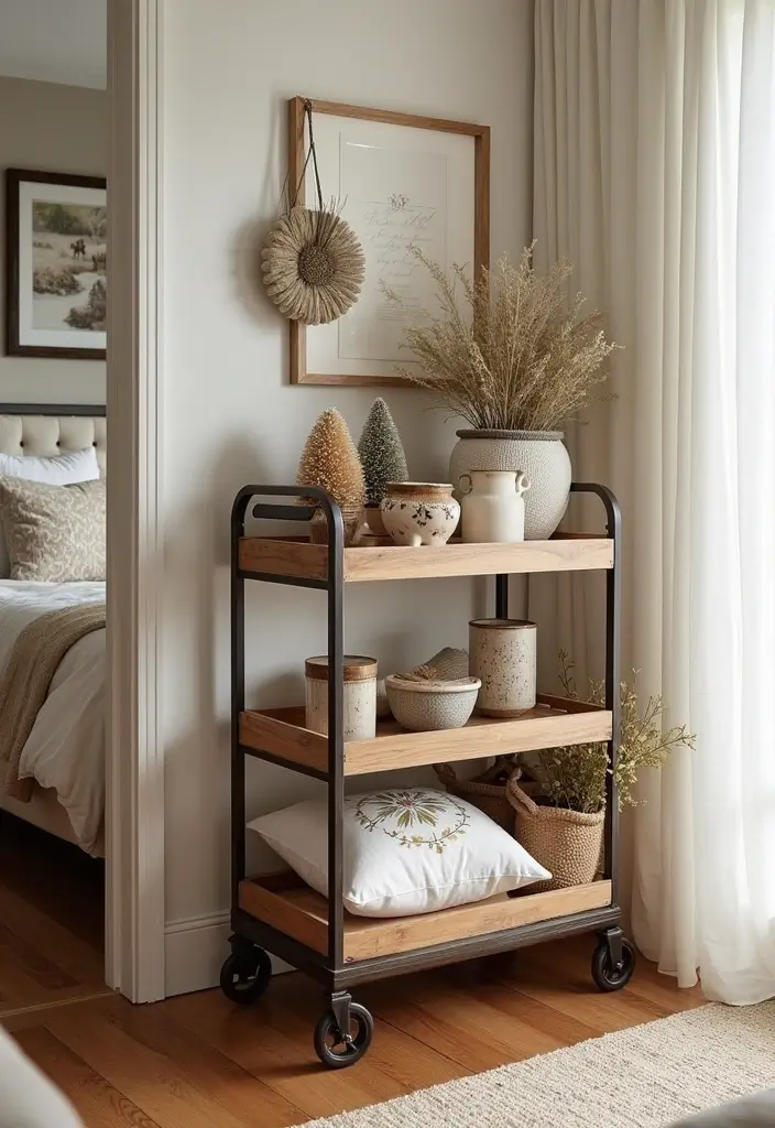 30 Utility Cart Ideas Bedroom That Keep Things Tidy & Mobile - 9. Seasonal Decor Storage