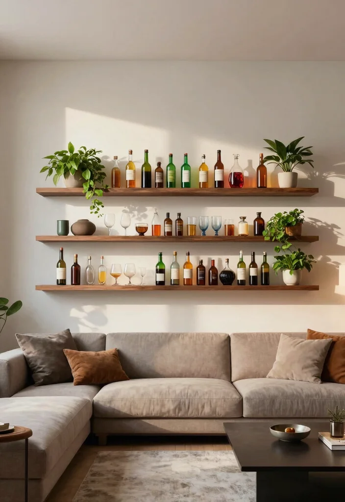 15 Bar Behind Couch Living Room Ideas Smart and Entertaining - 1. Floating Bar Shelves 1