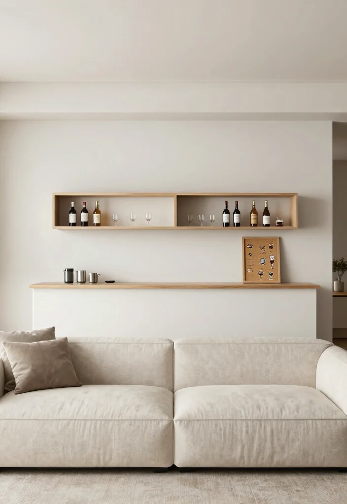 15 Bar Behind Couch Living Room Ideas Smart and Entertaining - 10. Minimalist Wall-Mounted Bar 1